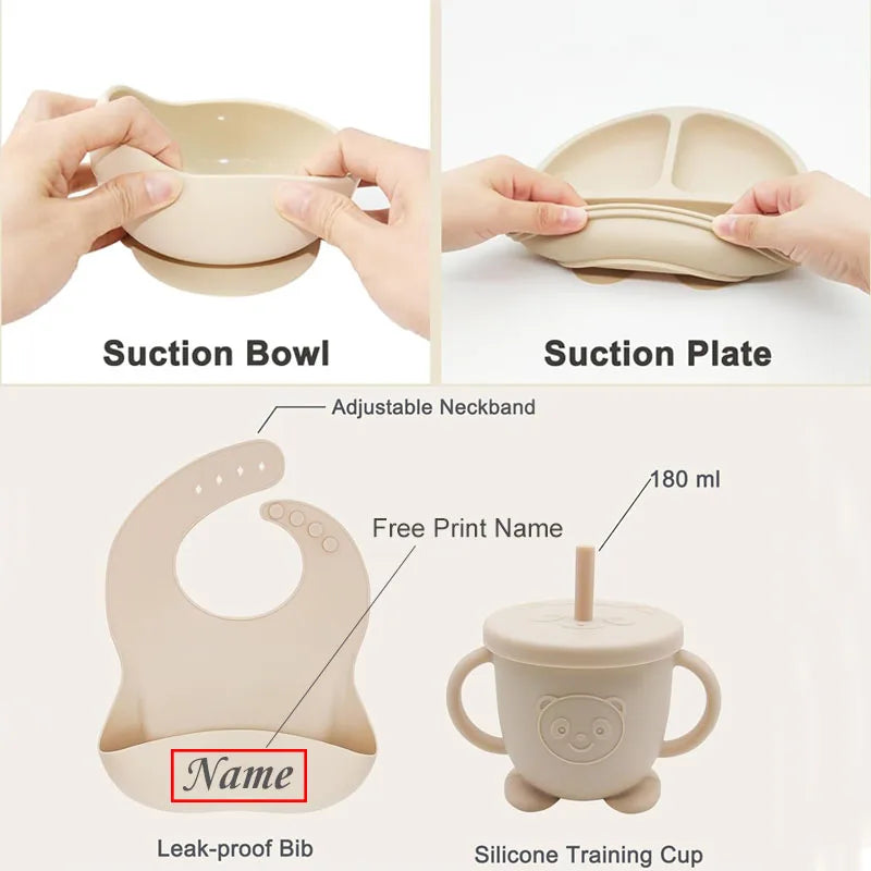 Ensemble repas bébé personnalisé en silicone – Assiette, bol, tasse & accessoires