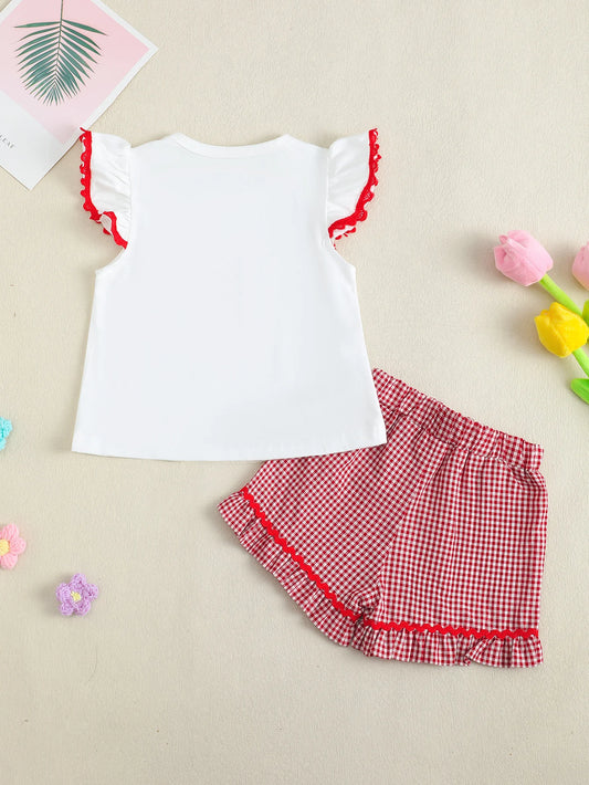Ensemble Bébé Fille Blanc & Rouge – Haut Détails Cœur + Bas Assorti