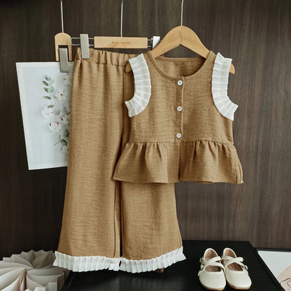 Ensemble Fille 2 Pièces Bleu – Haut Sans Manches & Pantalon Large (4–6 ans)