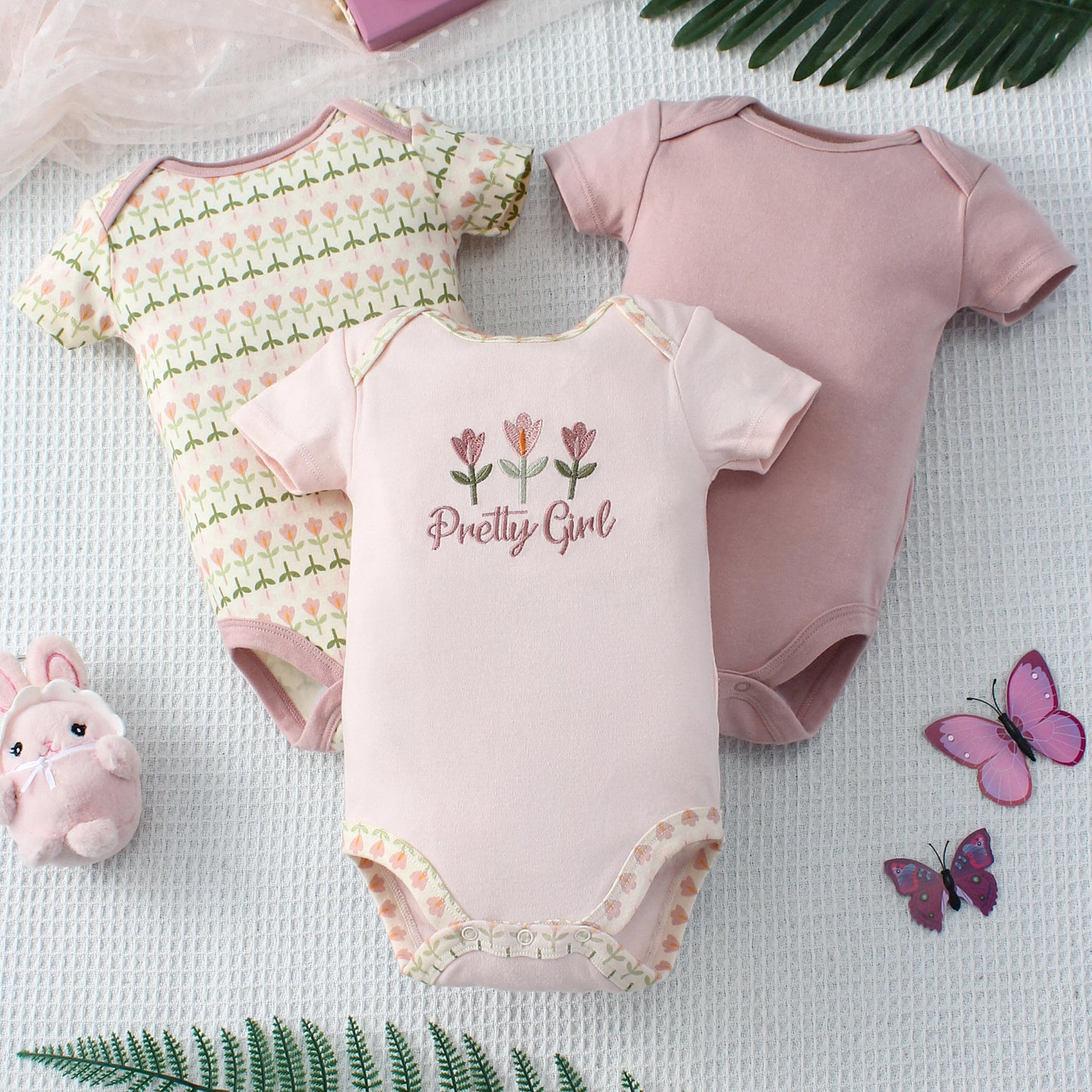 Lot de 3 bodys bébé fille – Motifs animaux & éléphant, coton doux