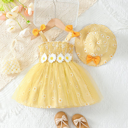 Ensemble Été Fille 2 Pièces – Robe Jaune “Marguerites” + Chapeau Assorti (1–2 ans)