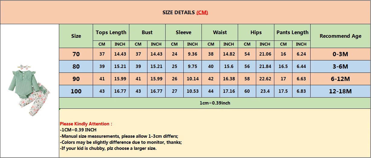 Ensemble Bébé Fille 3 Pièces – Body Manches Longues, Pantalon Fleuri & Bandeau – Printemps & Automne (0–12 mois)