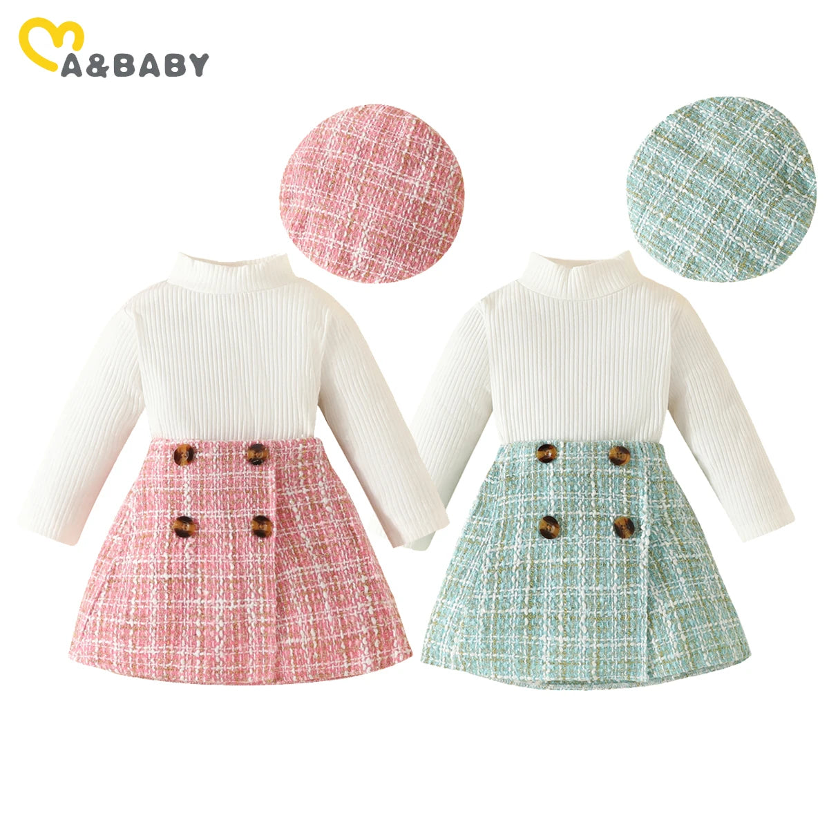 Ensemble bébé fille automne 2 pièces – Haut à manches longues & jupe à carreaux avec béret assorti (6 mois à 3 ans)