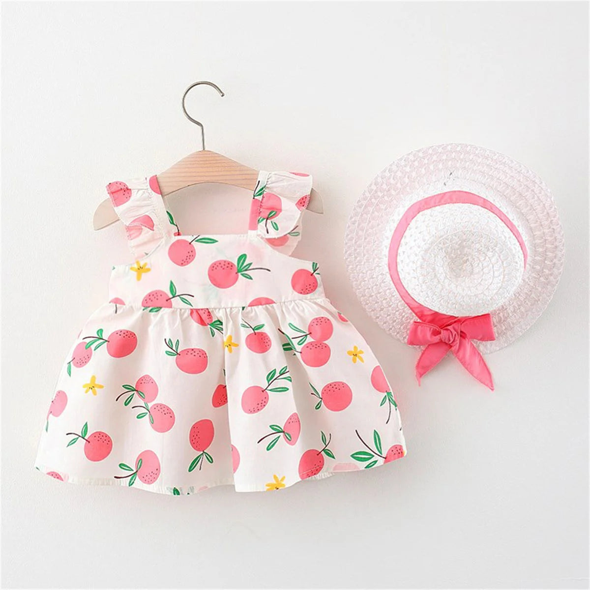 Ensemble Été Bébé Fille 2 Pièces – Robe à Bretelles Imprimé Fruits & Chapeau Assorti
