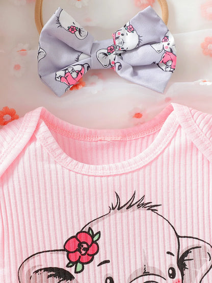 Ensemble Bébé Fille “Éléphant Douceur” – T-shirt Rose + Salopette + Bandeau (3 pcs) | 0–12 mois
