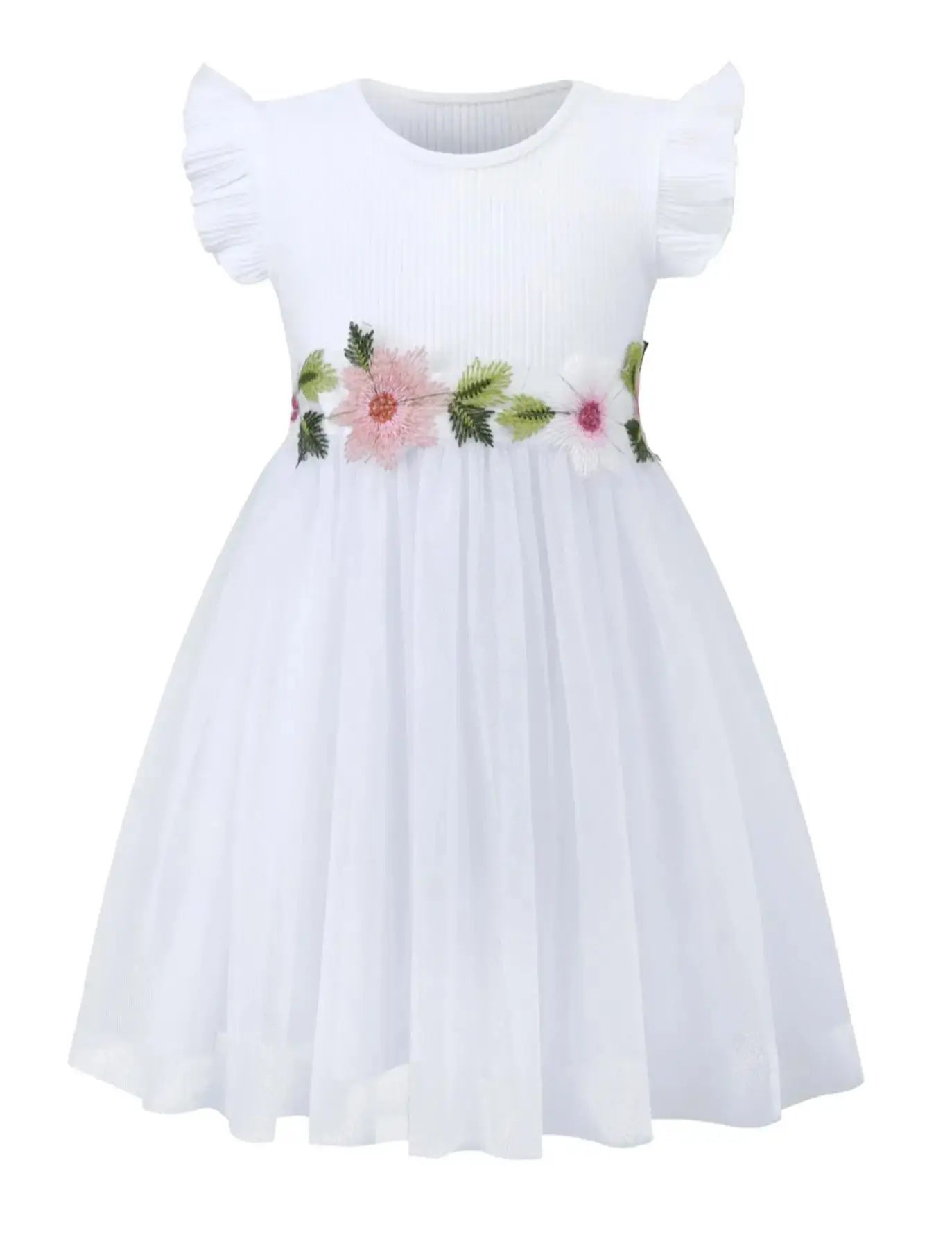 Robe blanche élégante pour fille – Nœud à la taille & dentelle florale