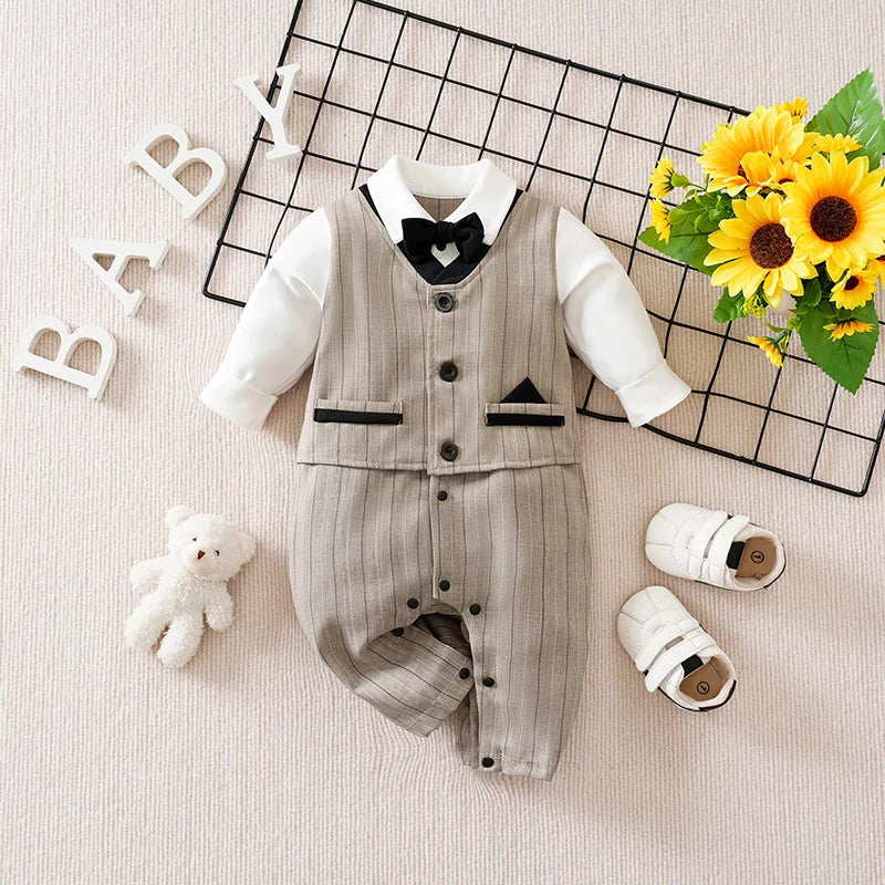 Ensemble Habillé Bébé Garçon – Barboteuse/Ensemble avec Gilet & Noeud Papillon (Bleu/Rouge)