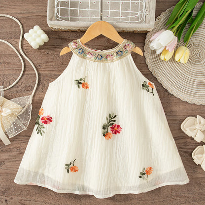 Robe d’été bébé fille beige – Broderies florales, col en coton doux