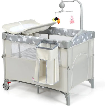 Jardin de jeu portable 5 en 1 avec couffin, table à langer, rangement, archet de jouets et boîte à musique (Beige)