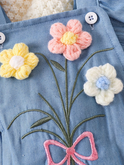 Barboteuse Denim Bébé Fille Fleurie 3D + Bandeau – Set 2 Pièces