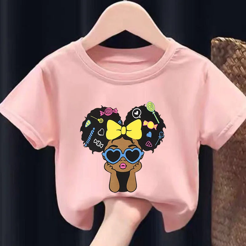 Girls' Summer Crew-neck Short-sleeved Top New Black Girls' Print Top Kids Clothes  Boys Girls Clothes