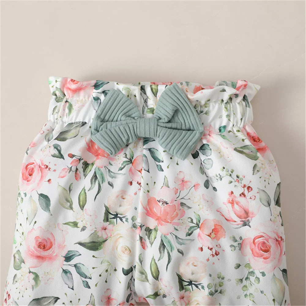 Ensemble Bébé Fille 3 Pièces – Body Manches Longues, Pantalon Fleuri & Bandeau – Printemps & Automne (0–12 mois)