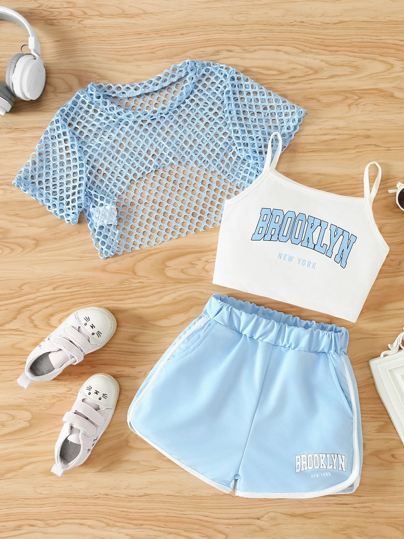 Ensemble 3 pièces d’été fille – Top mesh + Débardeur + Jupe/Short (7–13 ans)