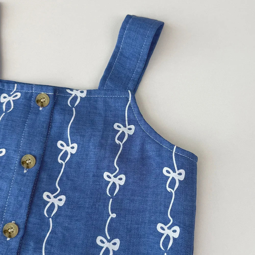 Ensemble Fille 2 Pièces Bleu – Haut Sans Manches Brodé & Pantalon (4–6 ans)