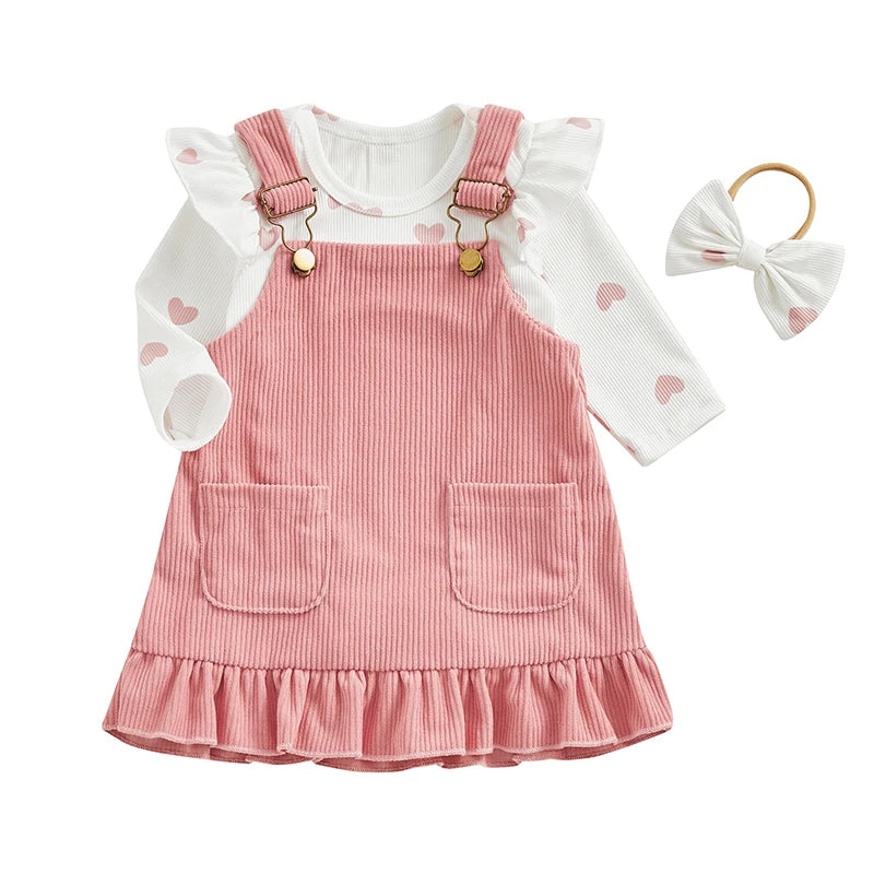 Ensemble bébé fille automne 3 pièces – Barboteuse, robe à bretelles & bandeau assorti (0 à 24 mois)