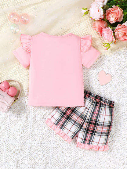 Ensemble Bébé Fille “Panda” – T-shirt Rose & Short à Carreaux (1–3 ans)