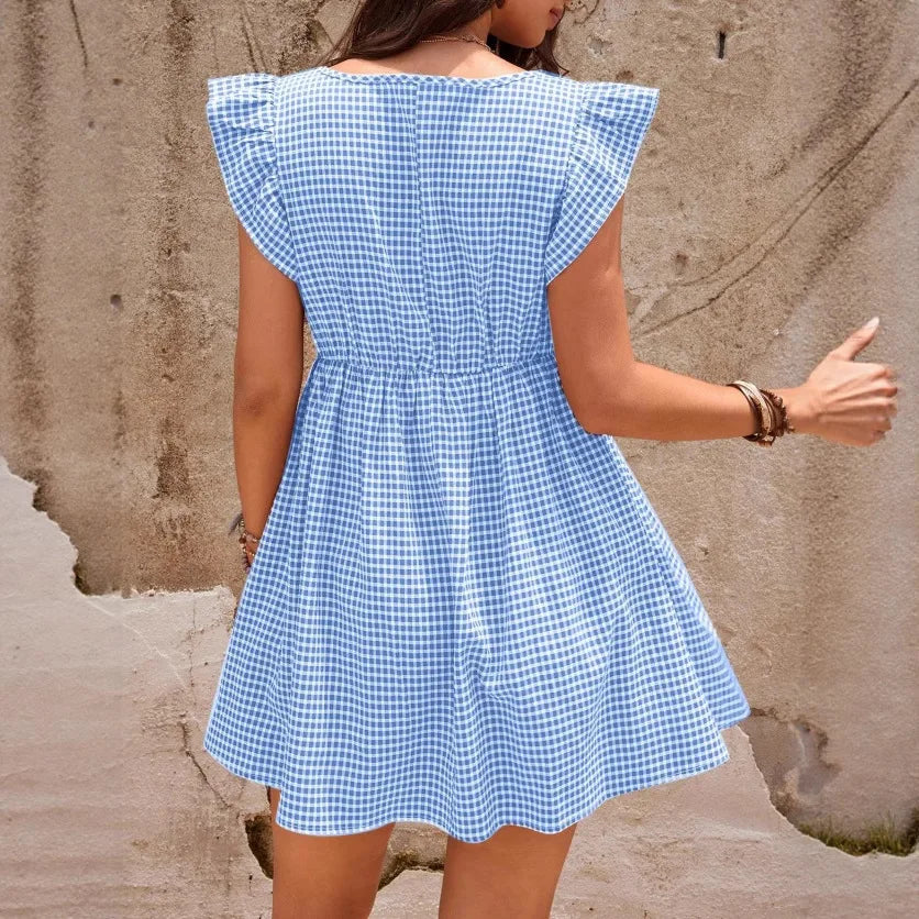 Robe Maternité Élégance Douce à Carreaux – Coupe Confort & Col Carré