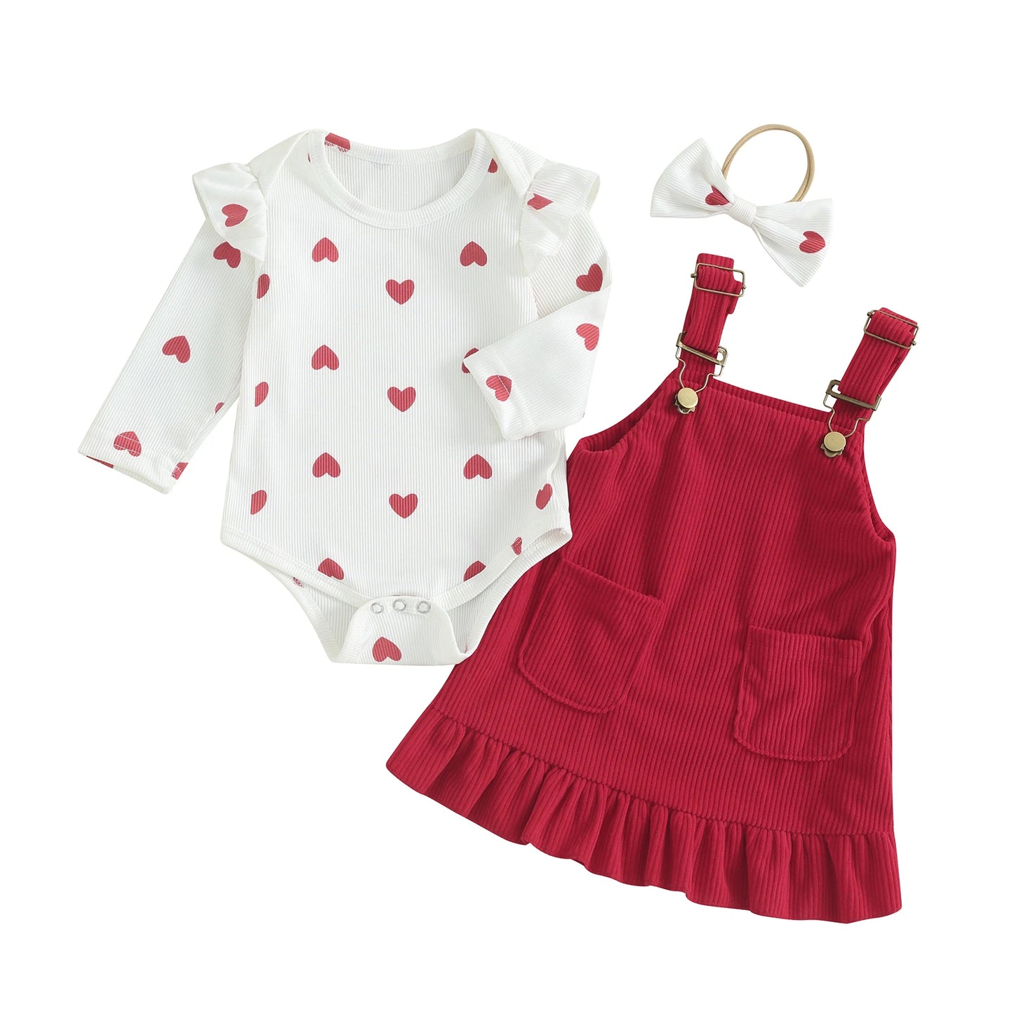 Ensemble bébé fille automne 3 pièces – Barboteuse, robe à bretelles & bandeau assorti (0 à 24 mois)