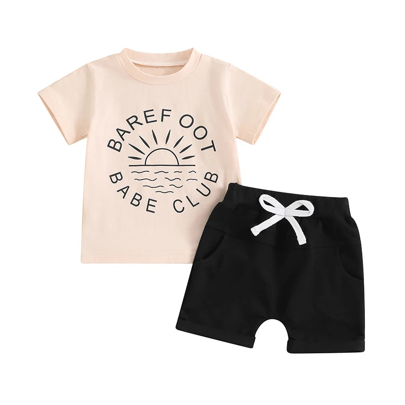 Tenue d'été pour tout-petit garçon, haut à manches courtes avec lettres imprimées soleil et Short à taille élastique, vêtements 2 pièces