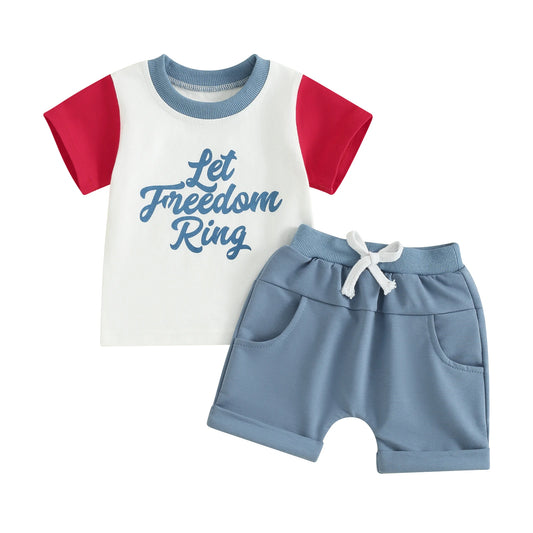 Ensembles de Shorts d'été pour garçons en bas âge, hauts de couleur contrastée à manches courtes avec lettres imprimées et ensembles de Shorts à cordon de serrage