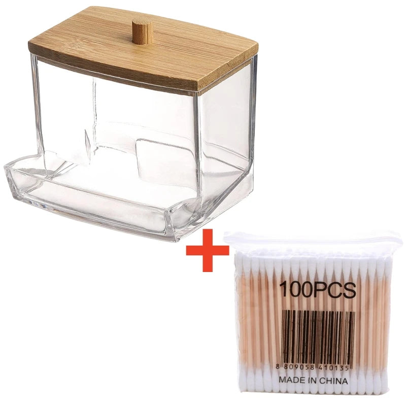 Boîte de rangement pour coton-tige, Double tête en bois pour bébé, couverture carrée transparente en bambou, organisateur de cure-dents pour coton-tige