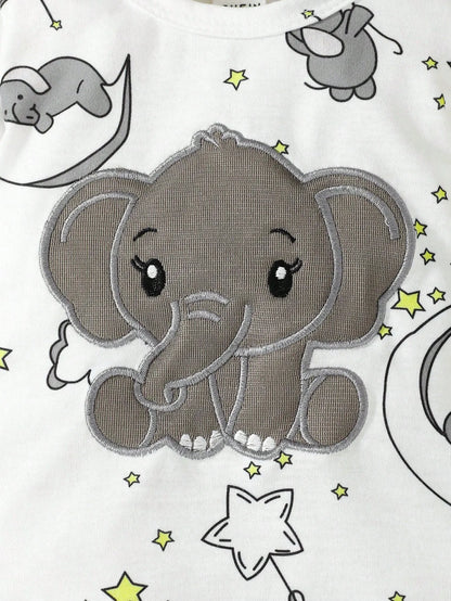 Barboteuse bébé manches longues avec chapeau – Motif éléphant (2 pièces)