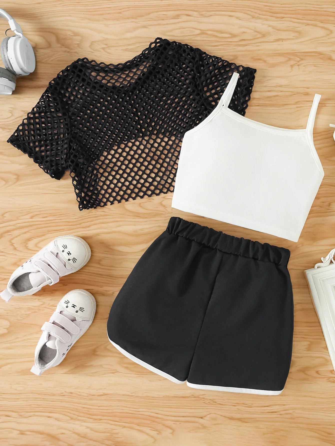 Ensemble 3 pièces d’été fille – Top mesh + Débardeur + Jupe/Short (7–13 ans)