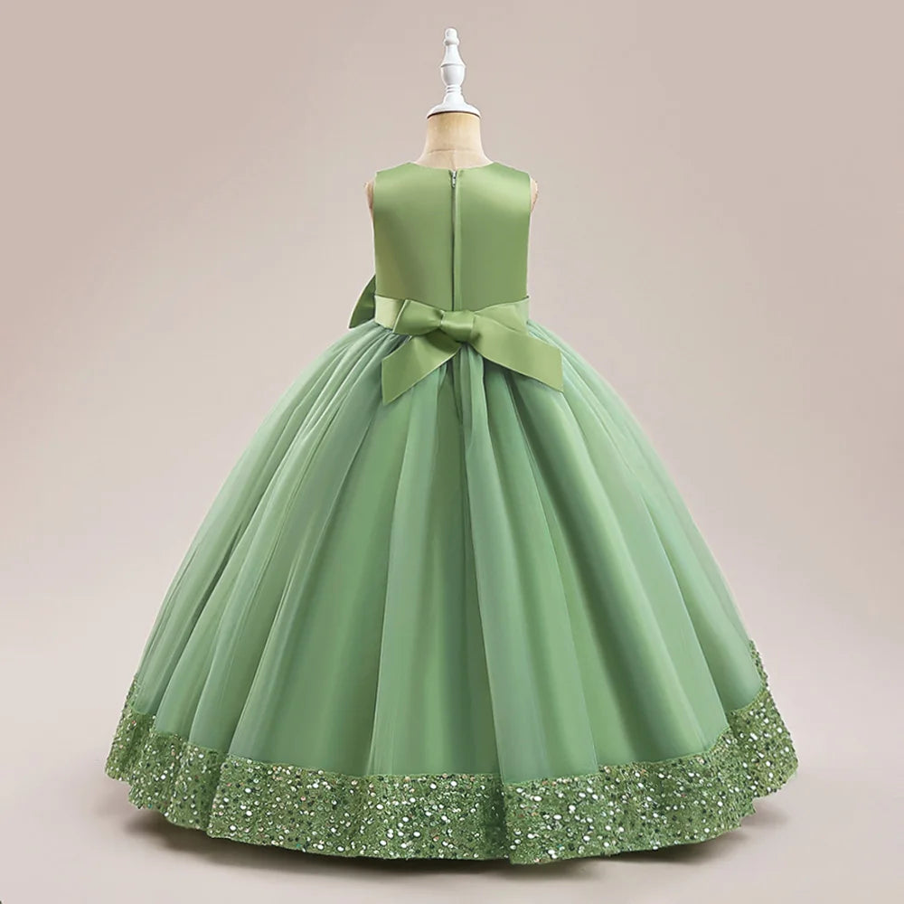 Robe Princesse Longue à Nœud Élégant – Cérémonie & Mariage pour Fille