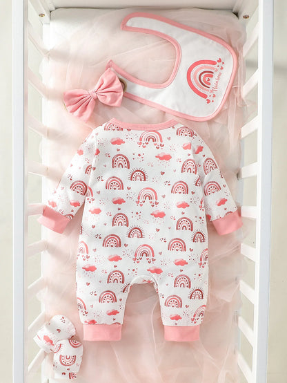 Ensemble Naissance Fille 4 Pièces – Pyjama Fleuri + Bavoir + Bonnet | 0–12 Mois