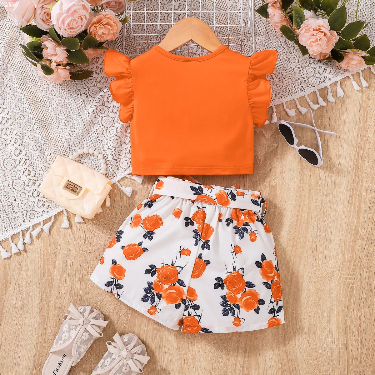 Ensemble Bébé Fille Orange & Fleuri – Haut + Bas Imprimé