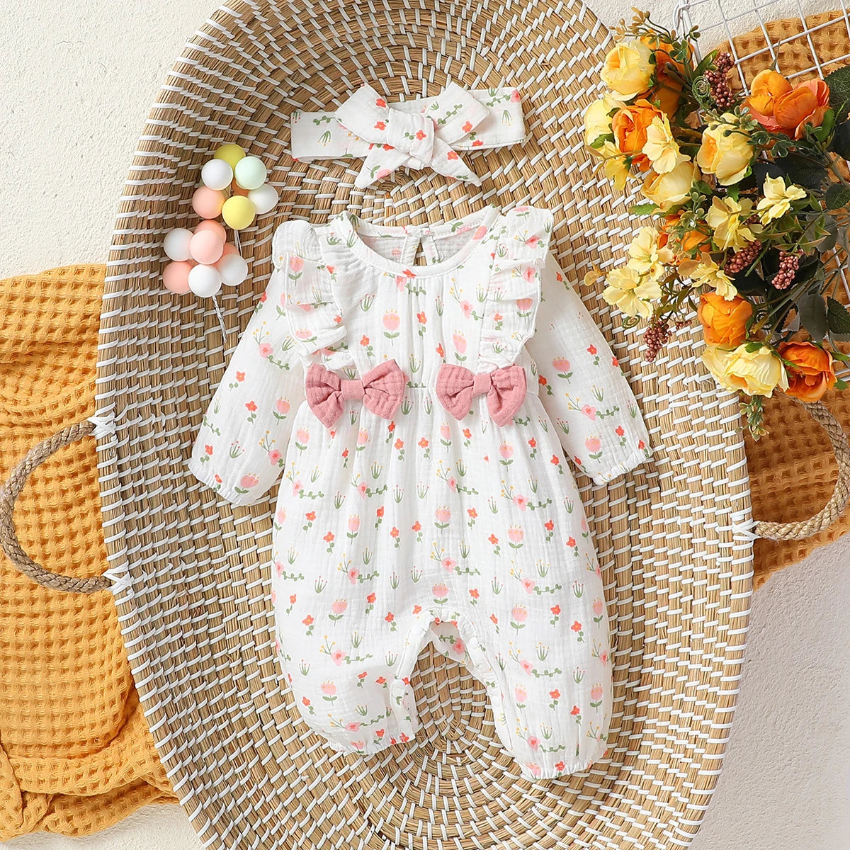 Combinaison Bébé Fille en Coton avec Nœud – Douce & Élégante