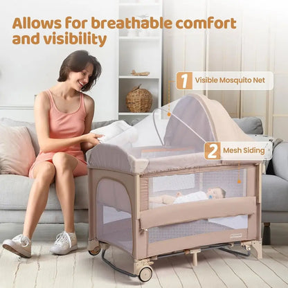 Moussin bébé tout-en-un 5-en-1 avec table à langer, station de jeu, lit à bascule et musique