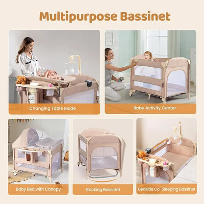 Moussin bébé tout-en-un 5-en-1 avec table à langer, station de jeu, lit à bascule et musique