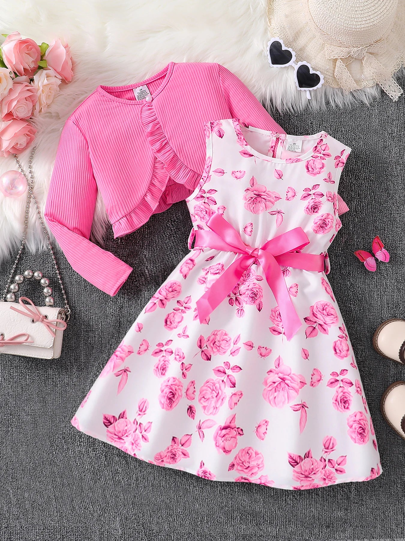 Ensemble Fille Automne 2 Pièces – Robe Fleurie Rose & Haut Manches Longues