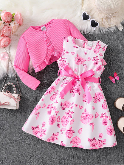 Ensemble Fille Automne 2 Pièces – Robe Fleurie Rose & Haut Manches Longues