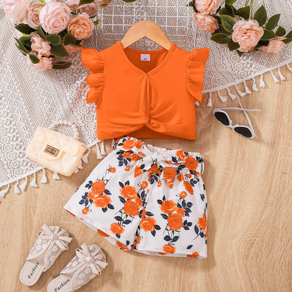 Ensemble Bébé Fille Orange & Fleuri – Haut + Bas Imprimé