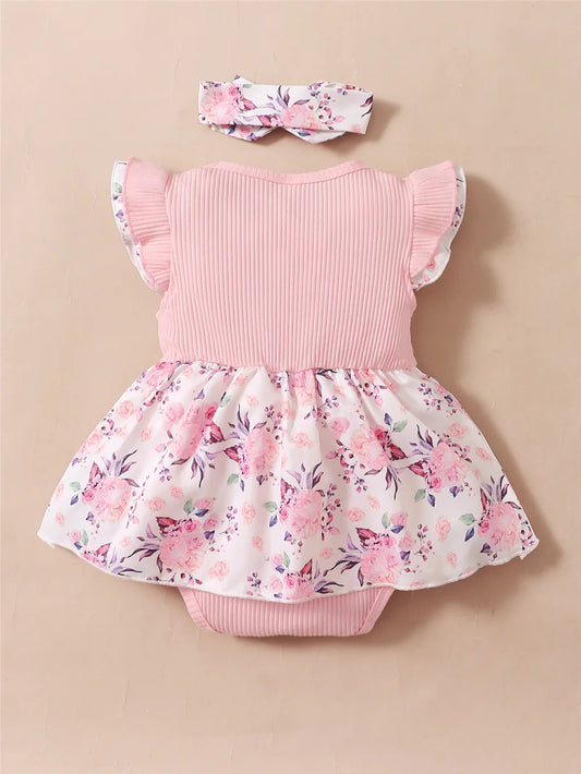 Barboteuse florale bébé fille 0–18 mois – Robe d’été côtelée avec bandeau assorti