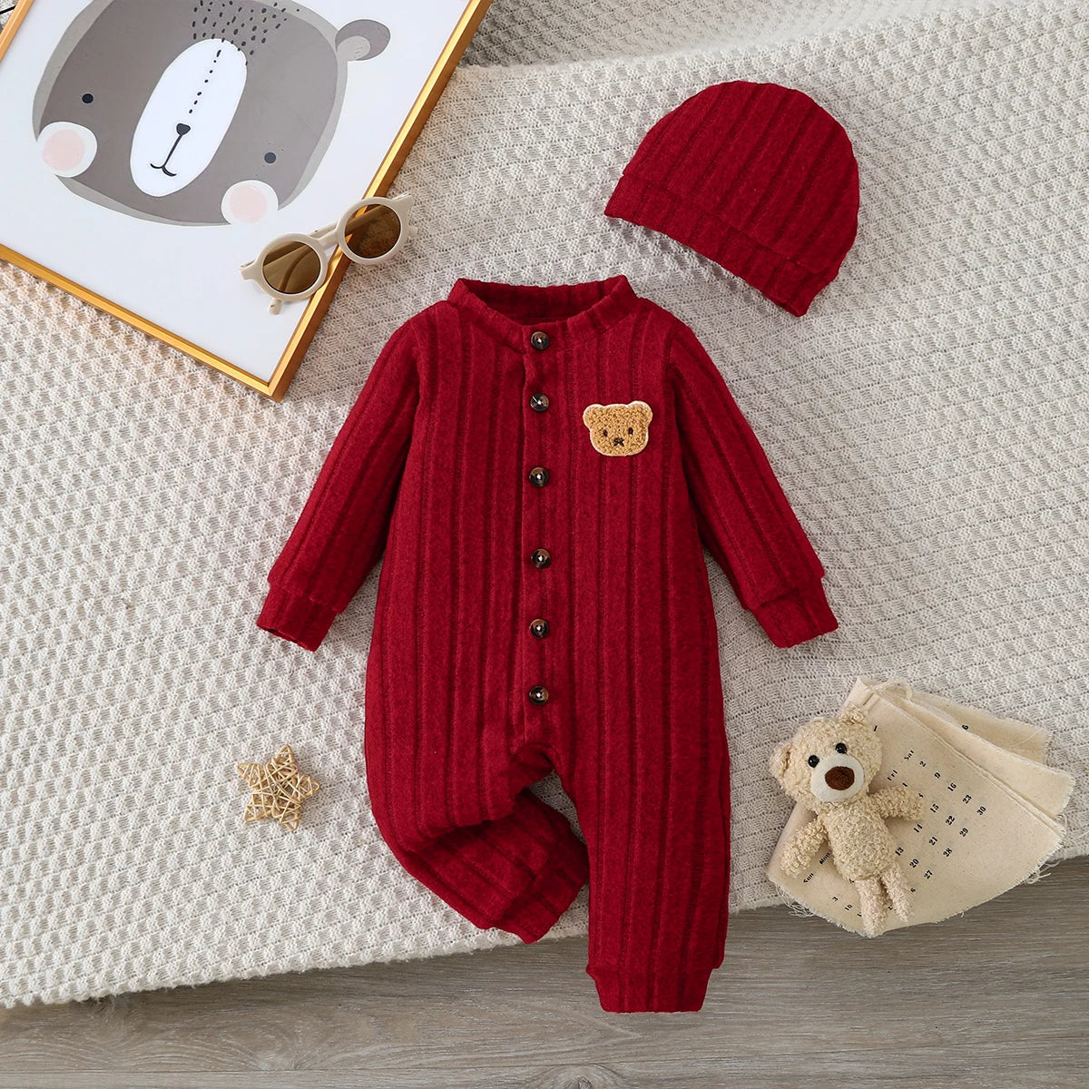 Ensemble bébé hiver tricoté 2 pièces – Combinaison avec ours + bonnet