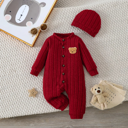 Ensemble bébé hiver tricoté 2 pièces – Combinaison avec ours + bonnet