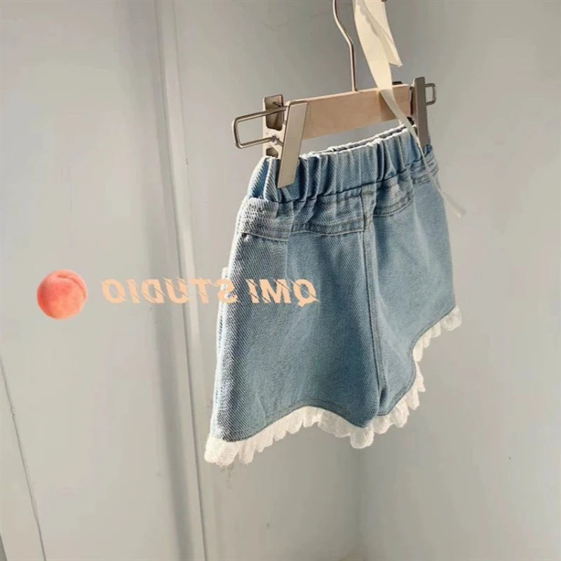 Short en jean coréen léger pour fille – Taille élastique & dentelle – Été