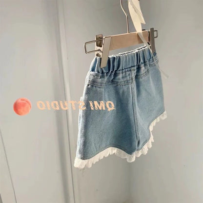 Short en jean coréen léger pour fille – Taille élastique & dentelle – Été