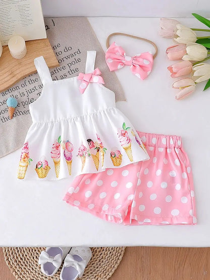 Ensemble été bébé fille crème & rose – Haut à bretelles et short à pois (2 pièces)