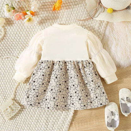 Robe Bébé Fille Élégante à Manches Longues – Dentelle & Broderie Lapin