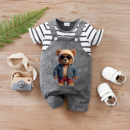 Barboteuse d'été 2 pièces à manches courtes et col rond rayé à motifs d'ours pour bébés garçons et filles en gris foncé.