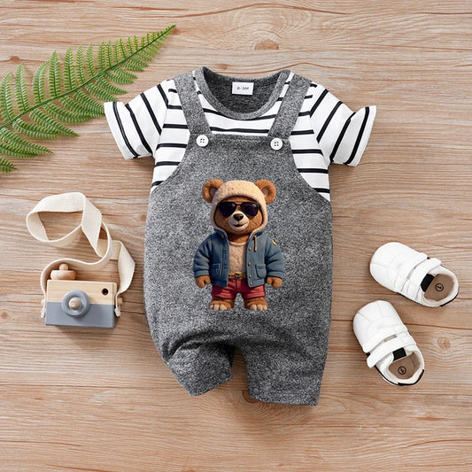 Barboteuse d'été 2 pièces à manches courtes et col rond rayé à motifs d'ours pour bébés garçons et filles en gris foncé.