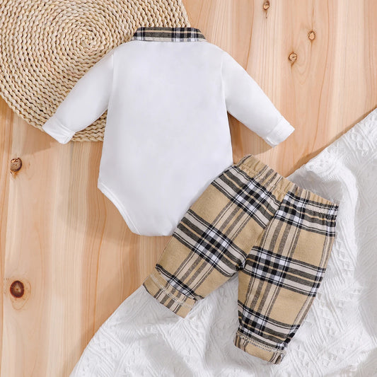 Ensemble bébé 2 pièces élégant – Haut style grenouillère & pantalon à carreaux (0 à 24 mois)