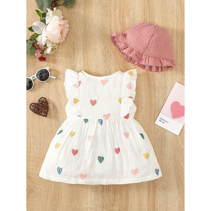 Robe d’été pour bébé fille – Ensemble 2 pièces coton doux avec motif cœurs et chapeau assorti