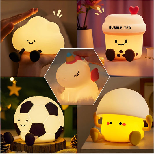 Veilleuse Silicone Bébé – Lampe de Nuit Tactile Douce (Nuage, Licorne, Tasse, Ballon)