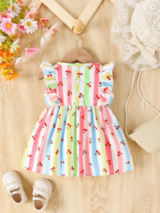 Robe d’été pour bébé fille – Motif cerises et rayures colorées avec nœud rose