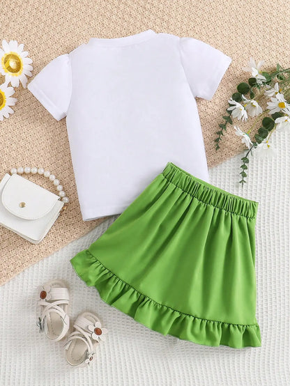 2-piece girls spring/summer fashion cute outdoor casual clothing white knit round neck Daisy print T-shirt + green pleated skirt